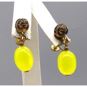 Bright Yellow Moonglow Drop Earrings, Gold Tone Screw Back with Brassy Rose Bead